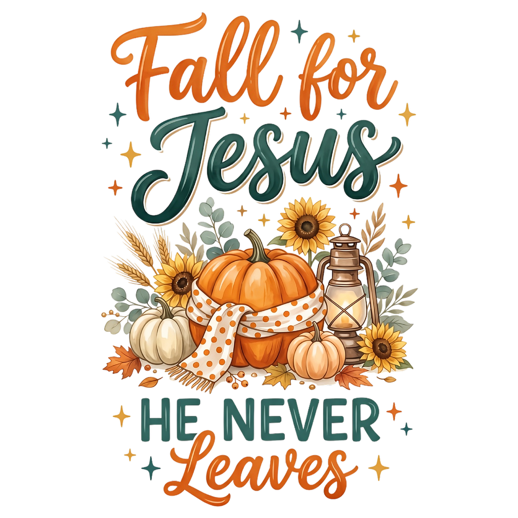 Fall for Jesus He Never Leaves DTF transfer design