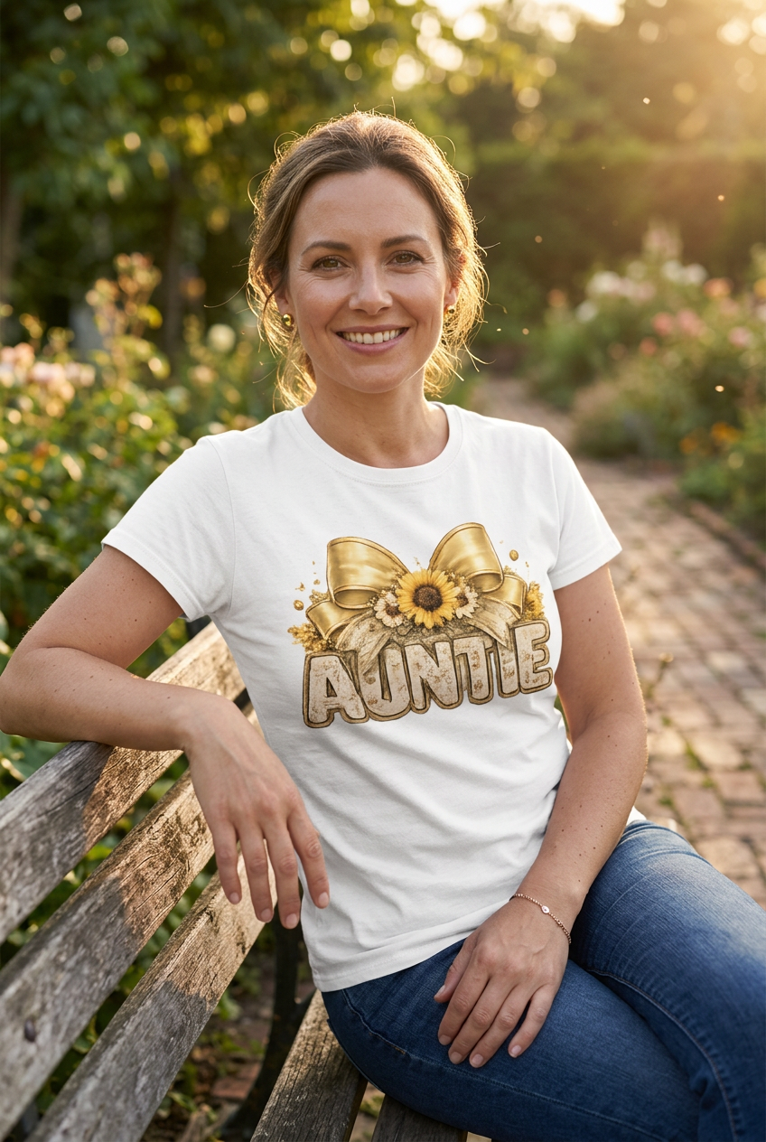 Woman wearing Auntie sunflower gold bow tee