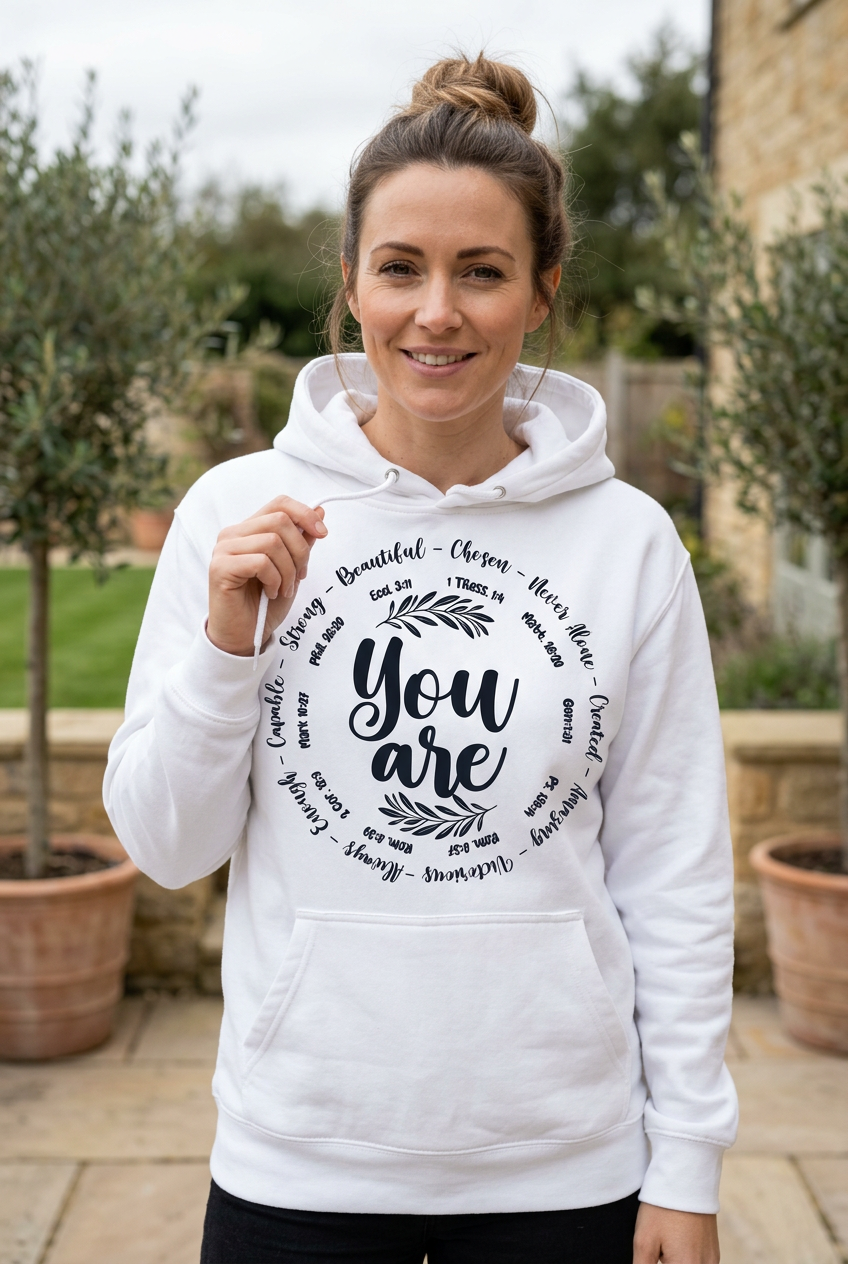 You Are scripture circle white hoodie mockup