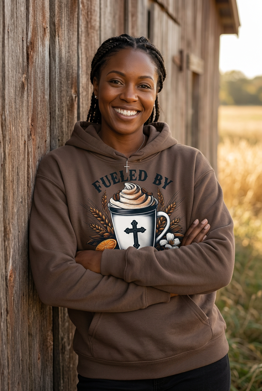 Fueled by Jesus and Coffee dark mocha hoodie mockup