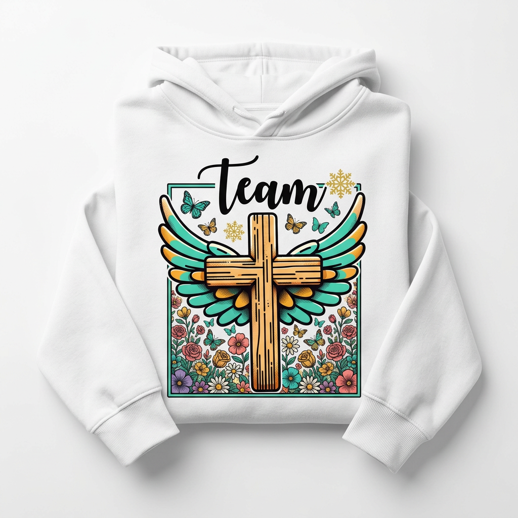 Team Jesus Floral white hoodie flat lay