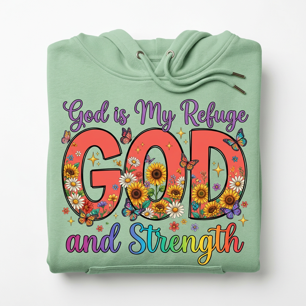 God is My Refuge and Strength light green hoodie flat lay