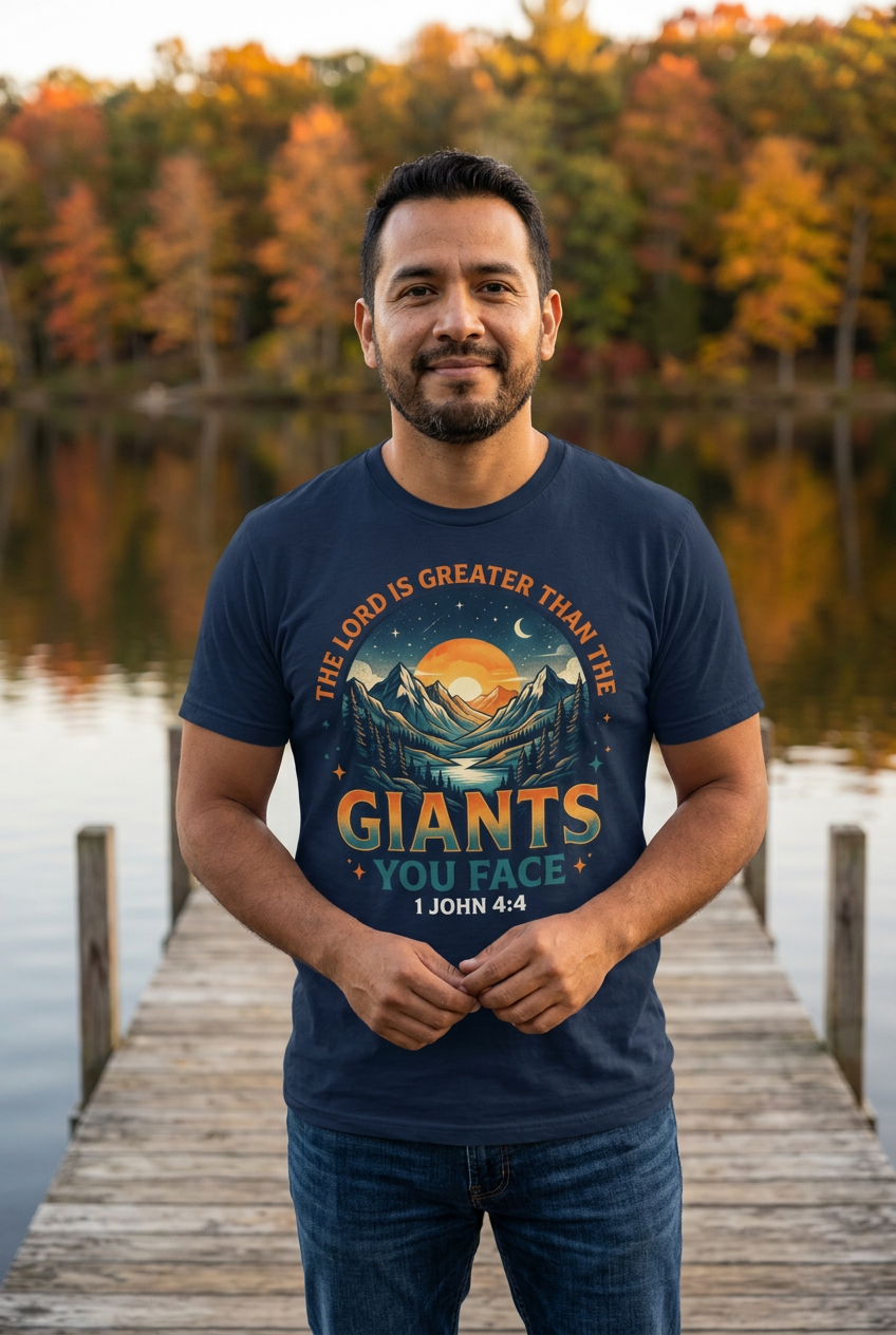 Hispanic man wearing The Lord Is Greater Than the Giants You Face Tee on lake dock