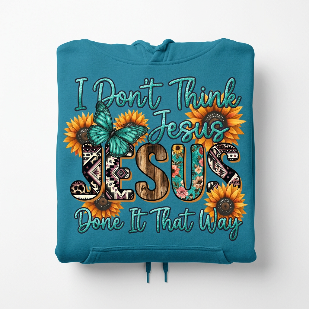 I Don't Think Jesus Done It That Way teal hoodie flat lay