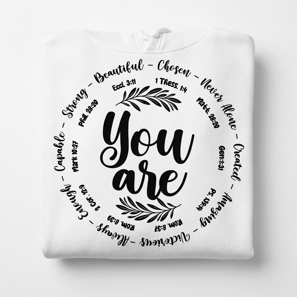 You Are scripture circle white hoodie flat lay