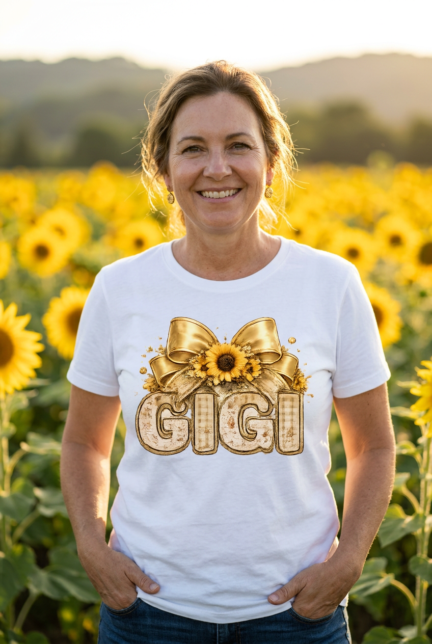 Woman wearing Gigi Sunflower Gold Bow Tee in sunflower field