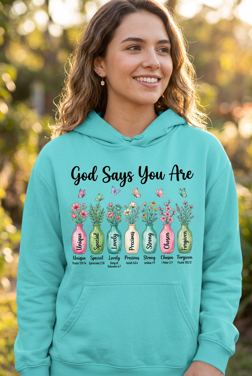 God Says You Are turquoise hoodie mockup