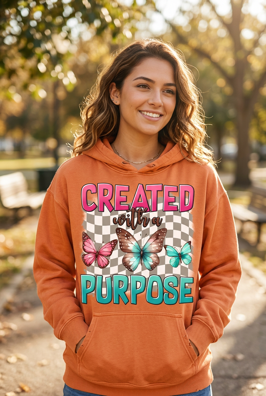 Created With a Purpose orange hoodie mockup