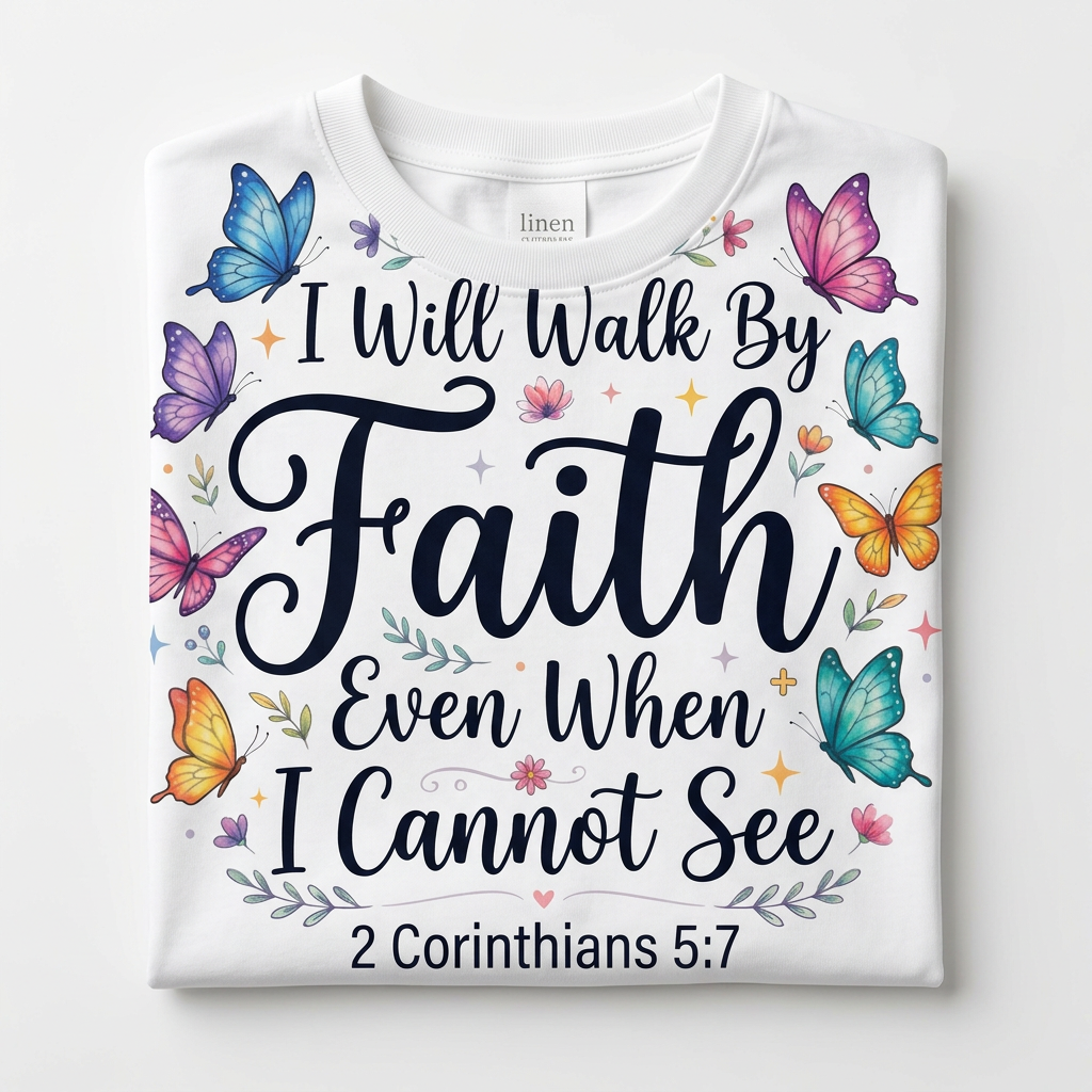 I Will Walk By Faith Tee flat lay