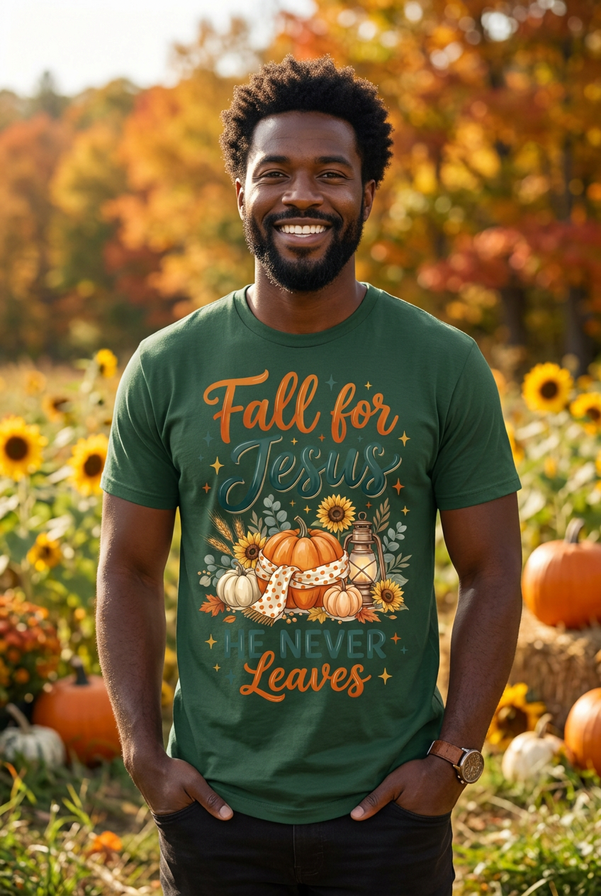 Black man wearing Fall for Jesus He Never Leaves Tee in forest green