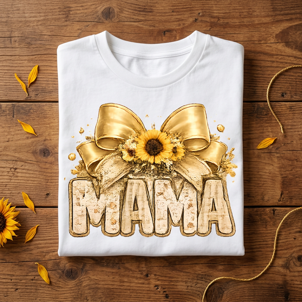 Mama Sunflower Gold Bow Tee folded flat lay on rustic wood surface
