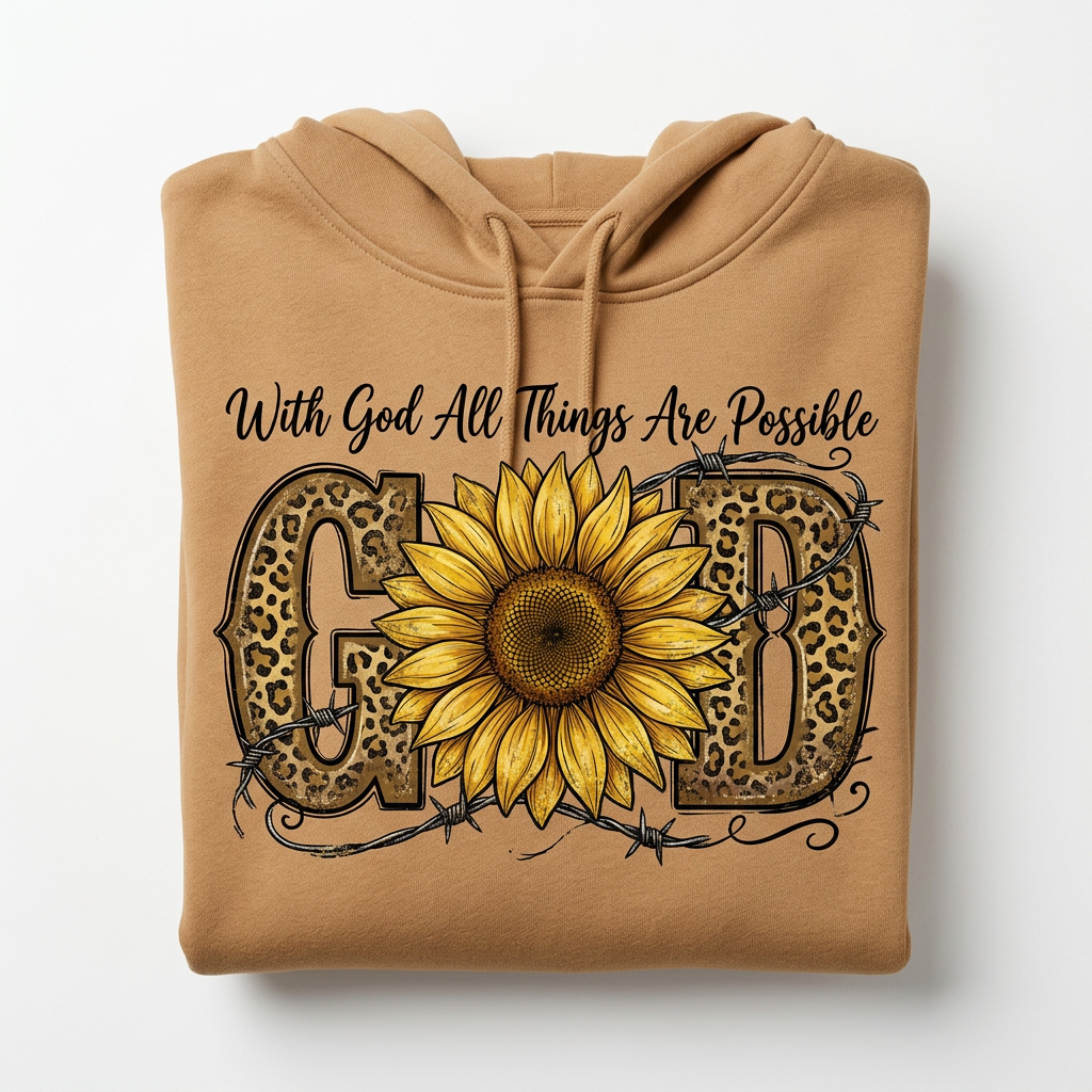 With God All Things Are Possible camel hoodie flat lay