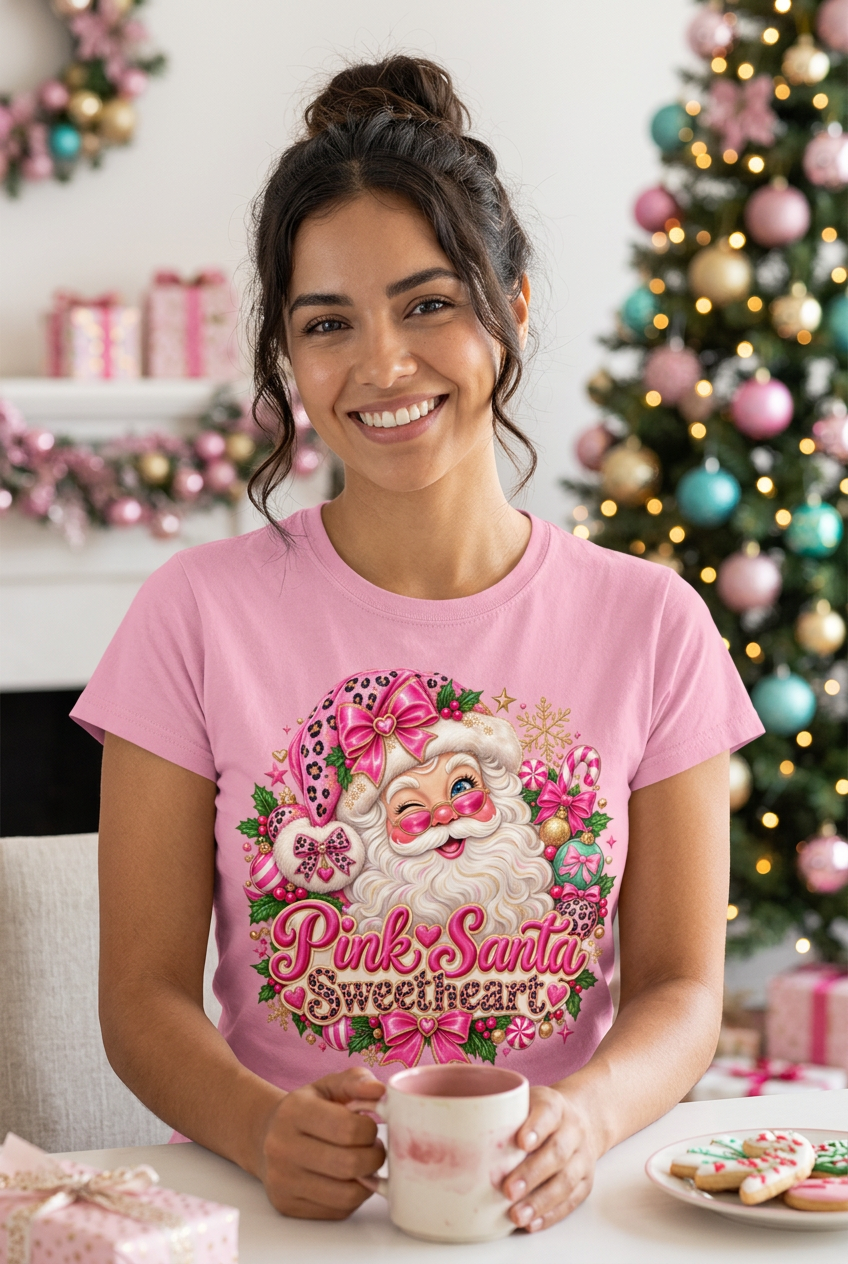 Pink Santa Sweetheart Tee - lifestyle mockup on pink shirt