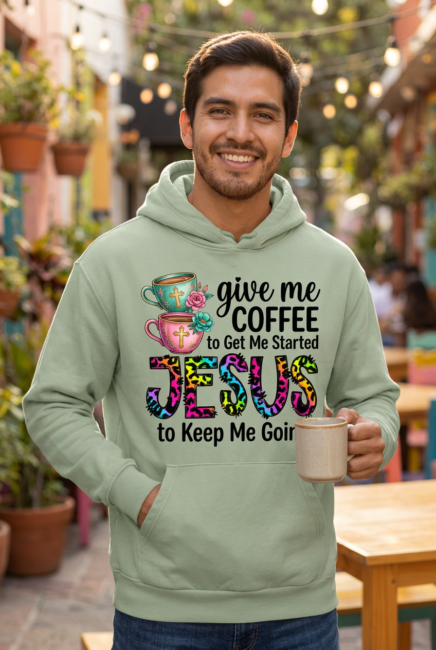 Give Me Coffee and Jesus light green hoodie mockup