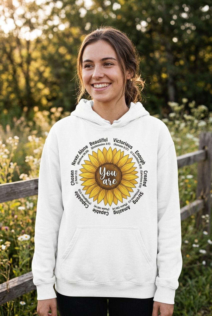 You Are sunflower scripture white hoodie mockup