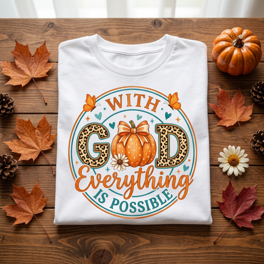 With God Everything Is Possible Tee folded flat lay on rustic wood surface with pumpkin