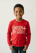 Black boy in red long sleeve Chosen By God tee