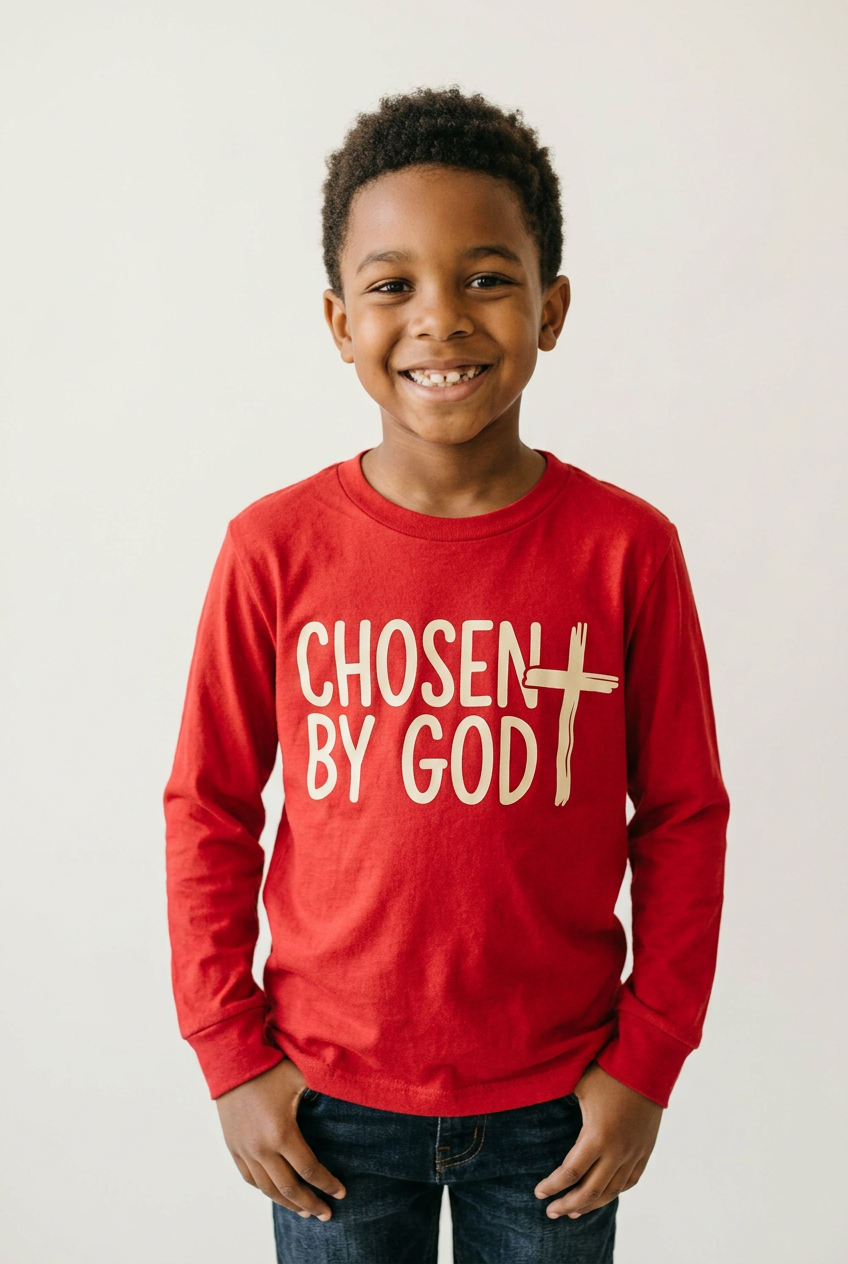Black boy in red long sleeve Chosen By God tee