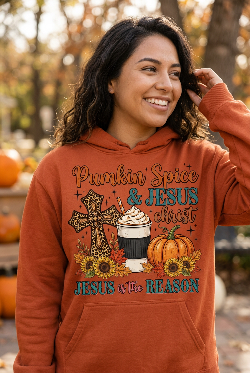 Pumpkin Spice and Jesus Christ burnt orange hoodie mockup