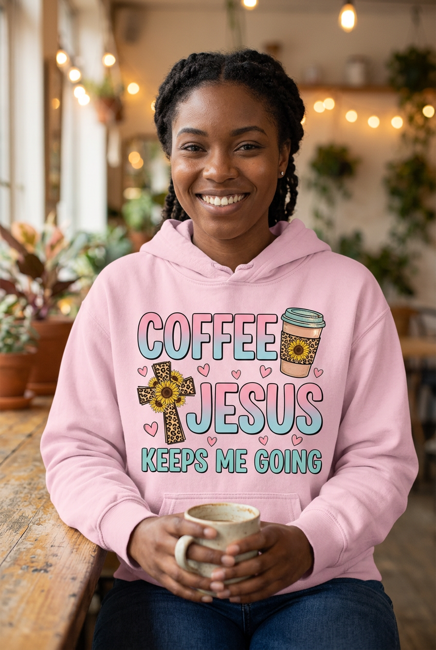 Coffee Gets Me Started Jesus Keeps Me Going baby pink hoodie mockup