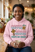 Coffee Gets Me Started Jesus Keeps Me Going baby pink hoodie mockup