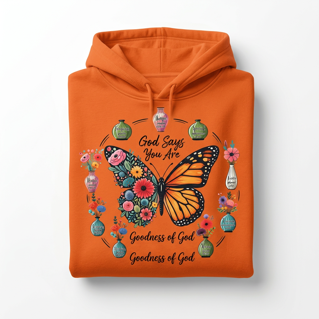 Goodness of God orange hoodie flat lay