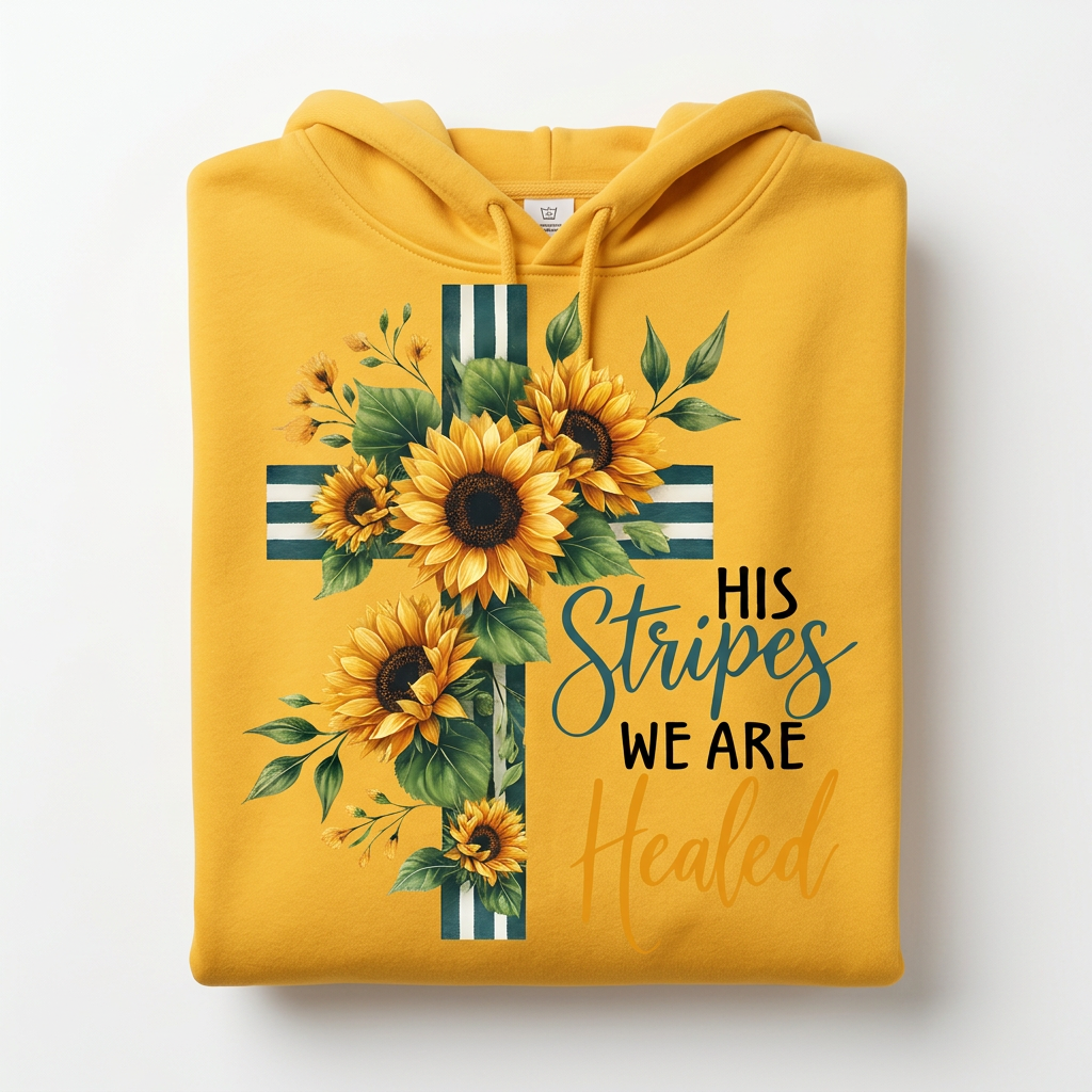 His Stripes We Are Healed sunflower yellow hoodie flat lay