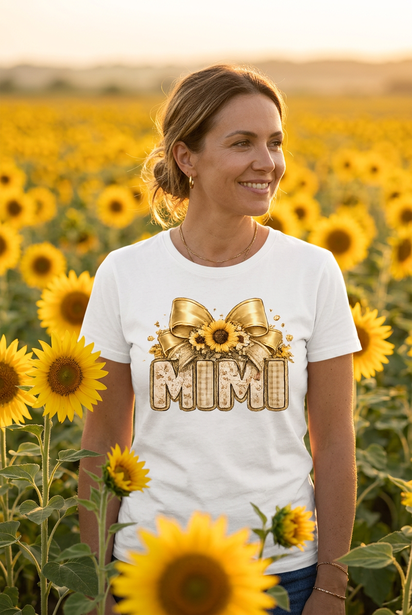 Woman wearing Mimi Sunflower Gold Bow Tee in sunflower field