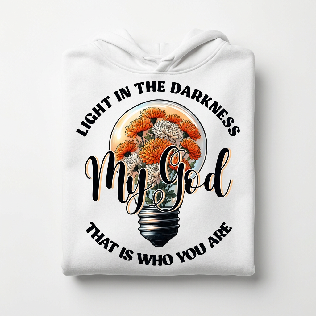 My God Light in the Darkness white hoodie flat lay