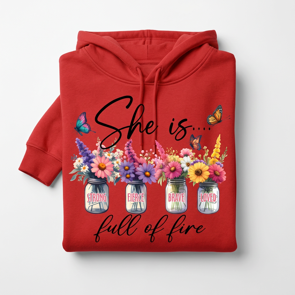 She is Full of Fire red hoodie flat lay