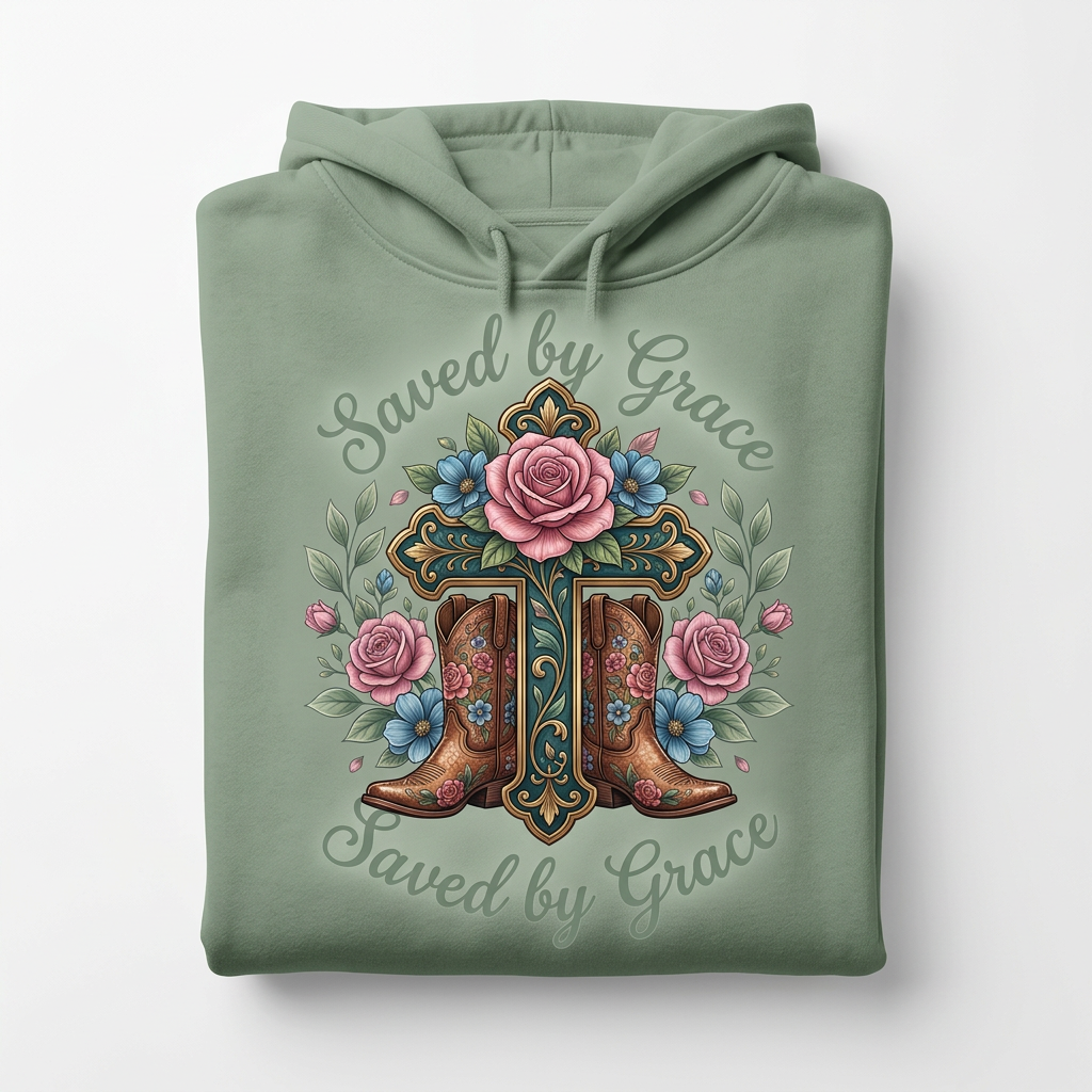 Saved by Grace sage green hoodie flat lay