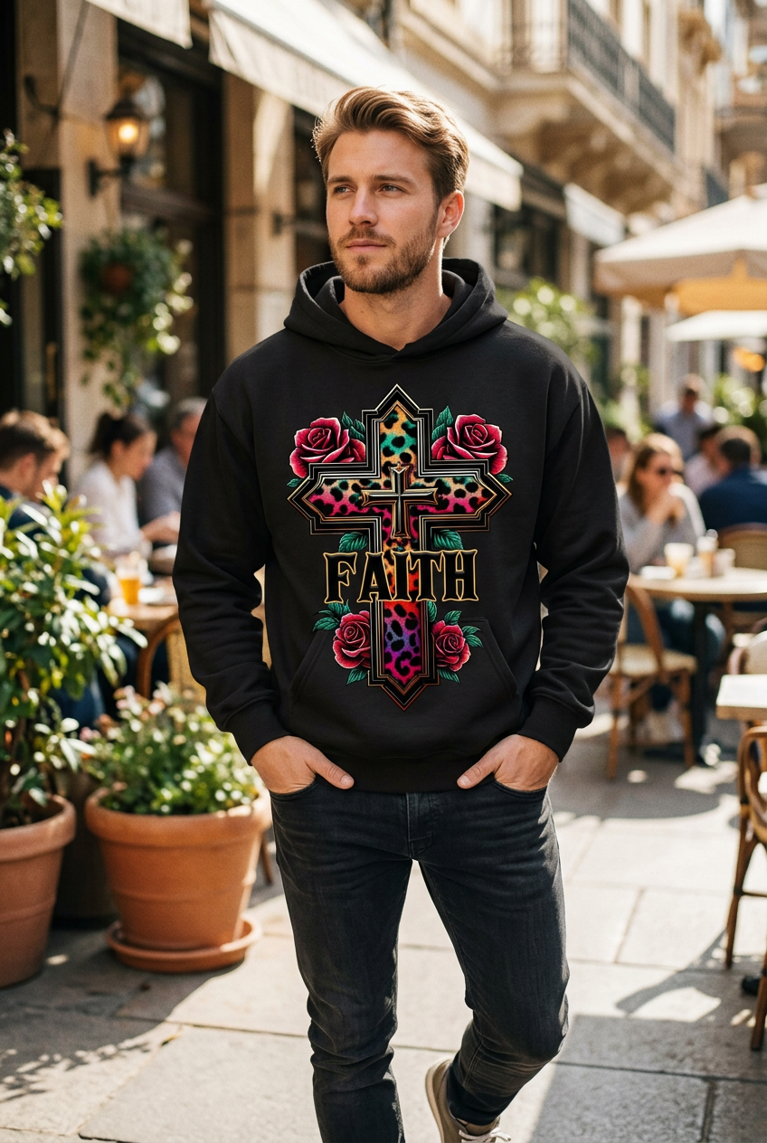 Faith Cross Rainbow Leopard black hoodie mockup