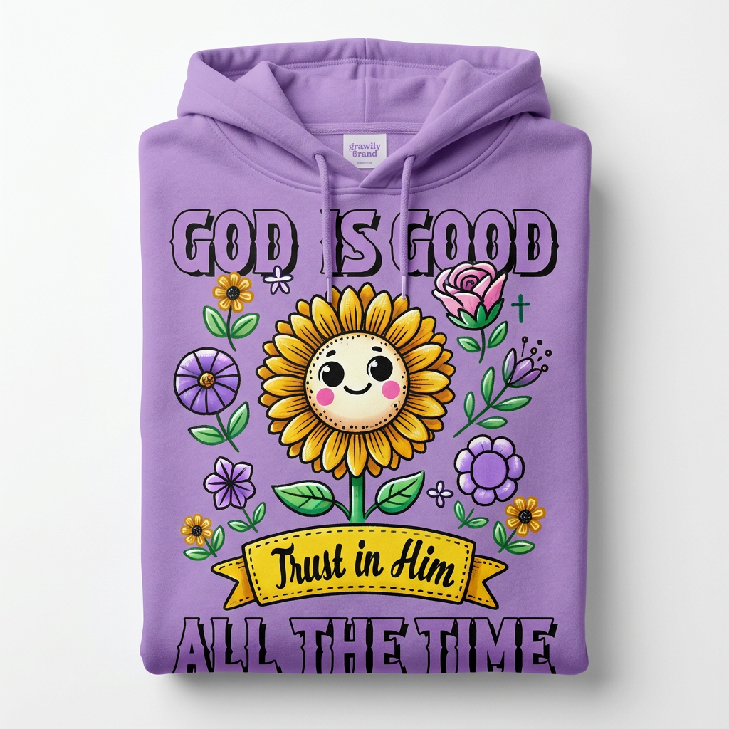 God is Good All the Time purple hoodie flat lay