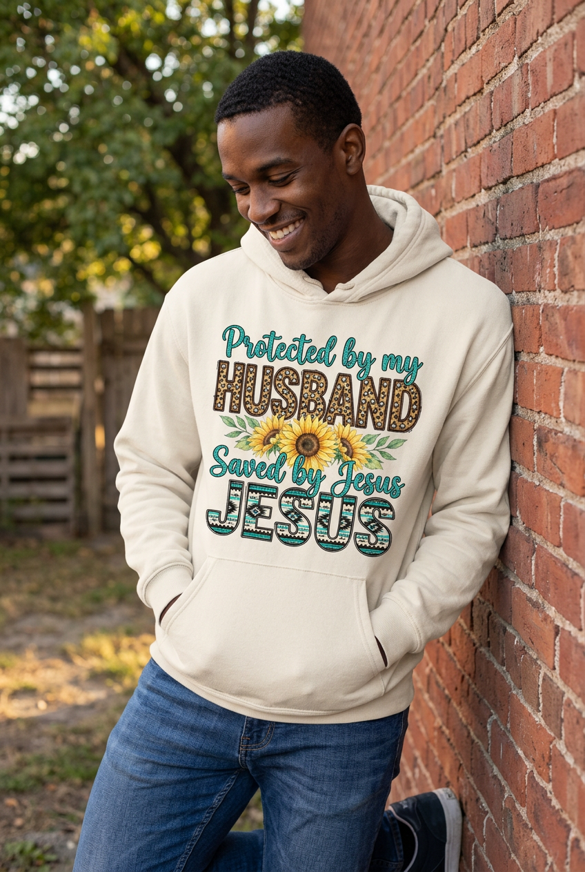 Protected by My Husband Saved by Jesus cream hoodie mockup