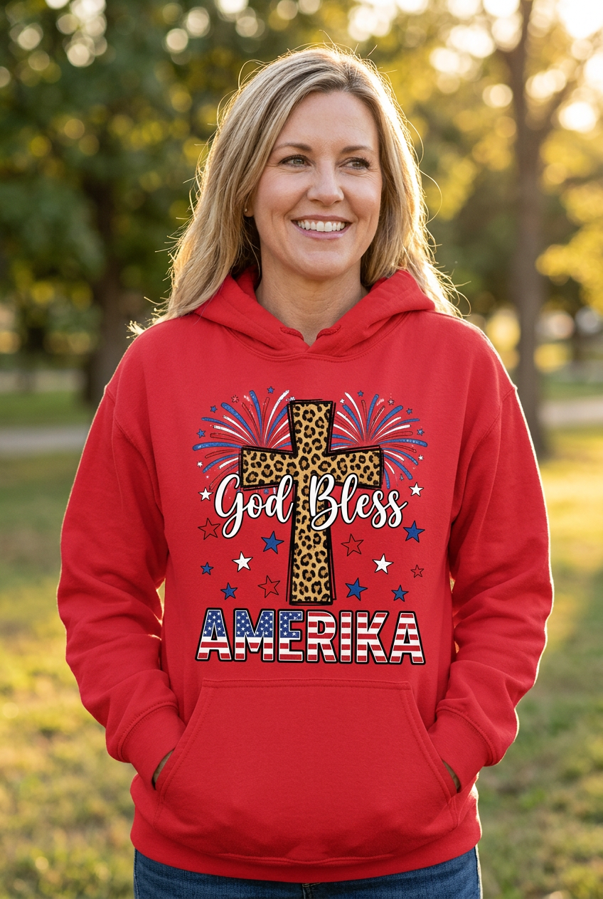 God Bless Amerika red hoodie mockup