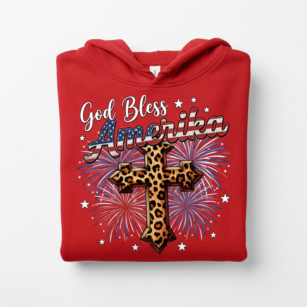 God Bless Amerika red hoodie flat lay
