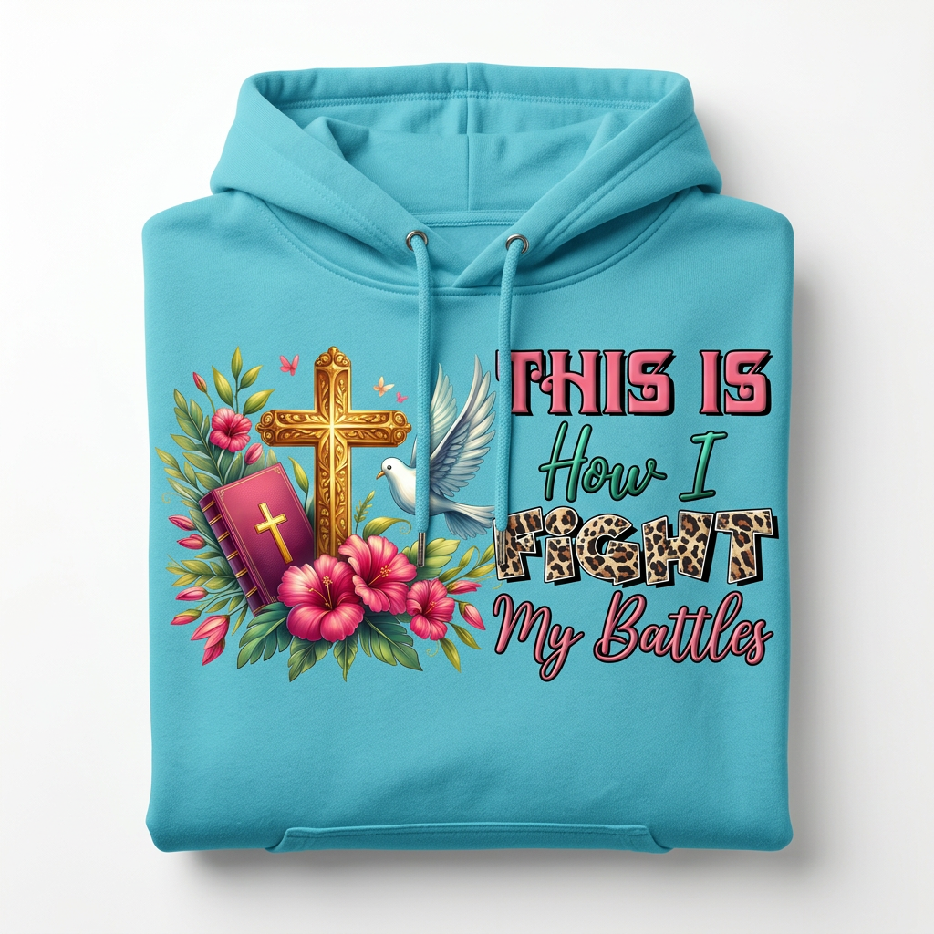 This is How I Fight My Battles turquoise hoodie flat lay