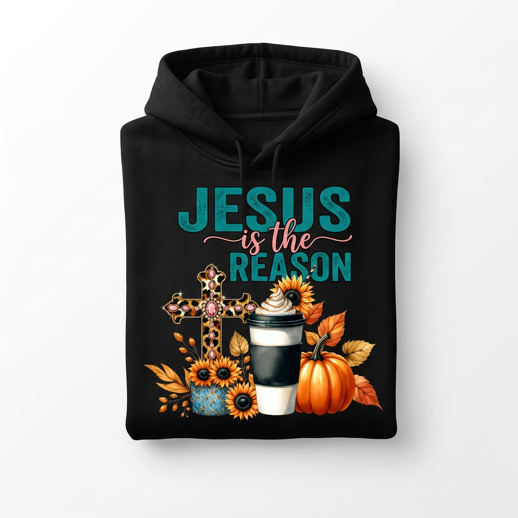 Jesus is the Reason black hoodie flat lay