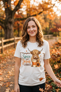 Woman wearing Pumpkin Spice and Jesus Christ Tee in autumn setting