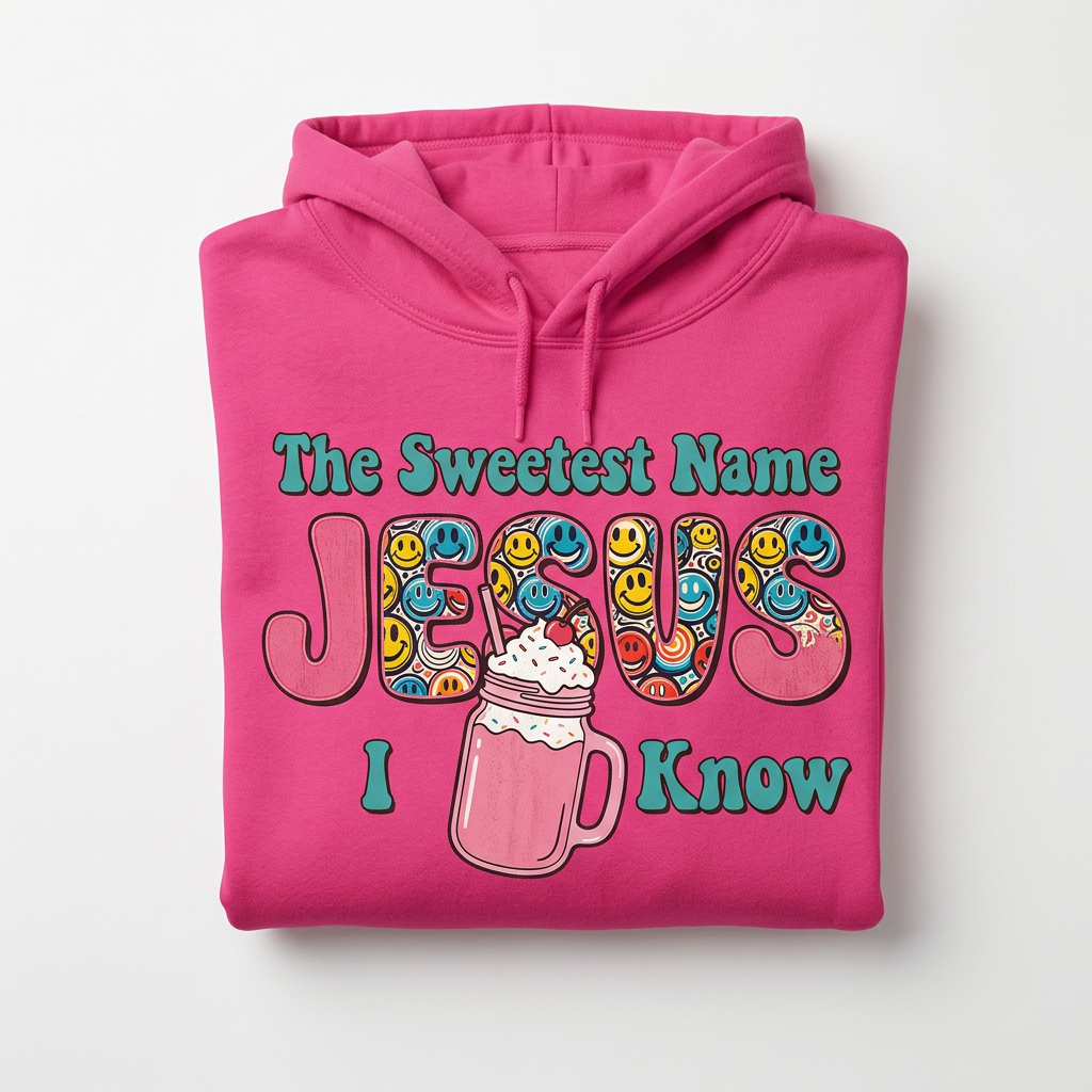 Jesus The Sweetest Name I Know hot pink hoodie flat lay