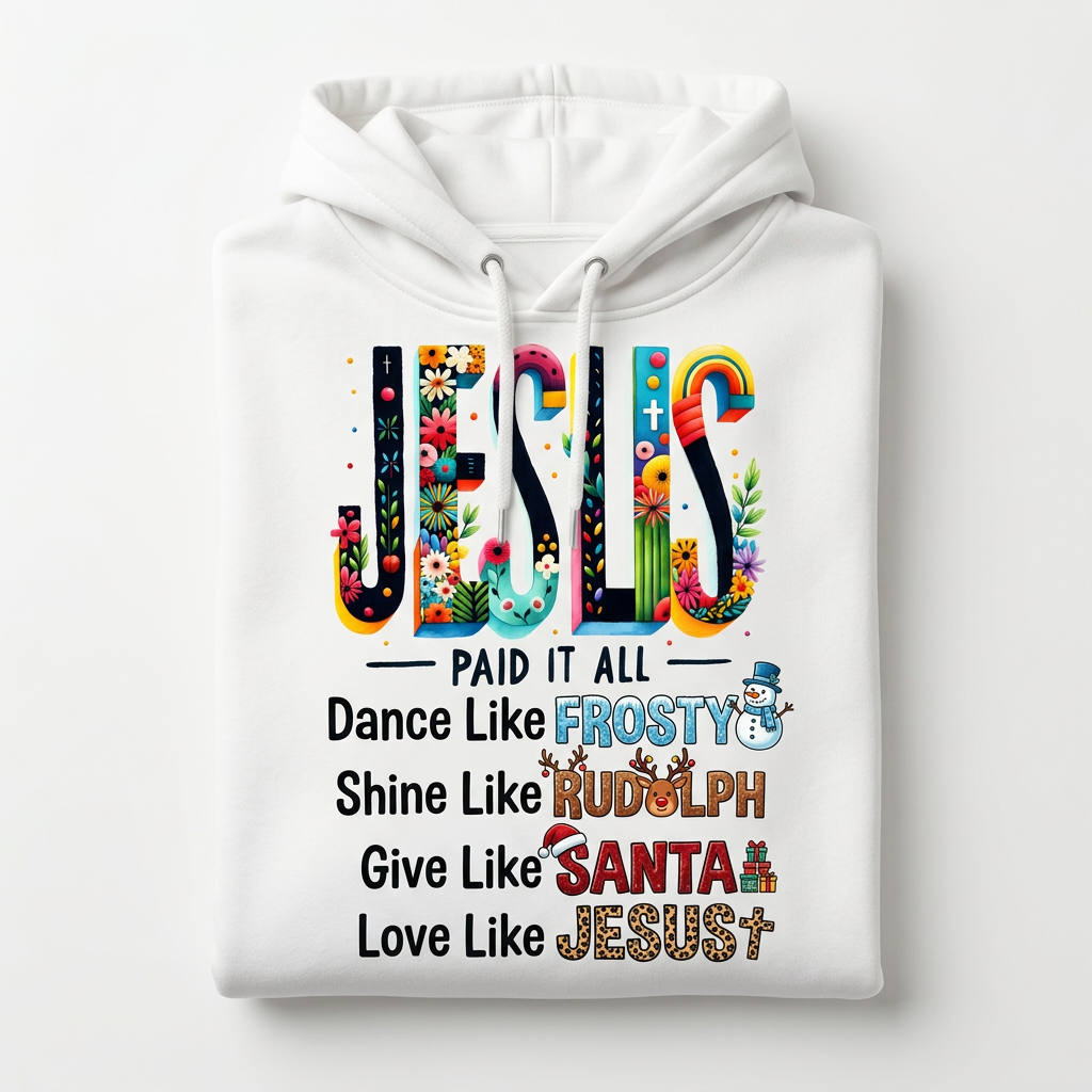Dance Like Frosty Love Like Jesus white hoodie flat lay
