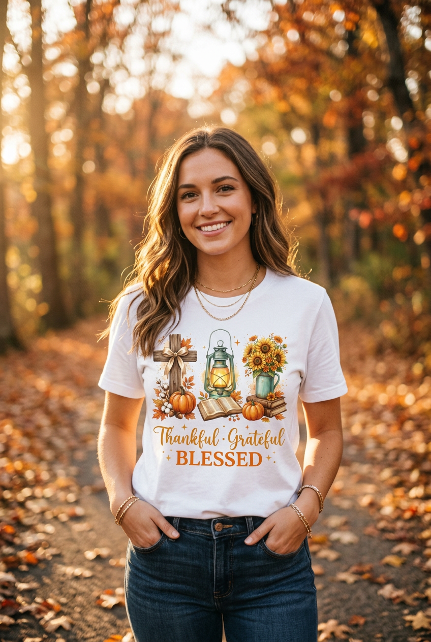 Woman wearing Thankful Grateful Blessed Tee in autumn setting