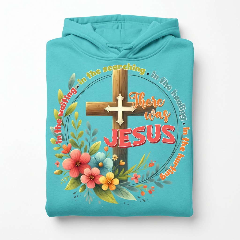 There Was Jesus turquoise hoodie flat lay