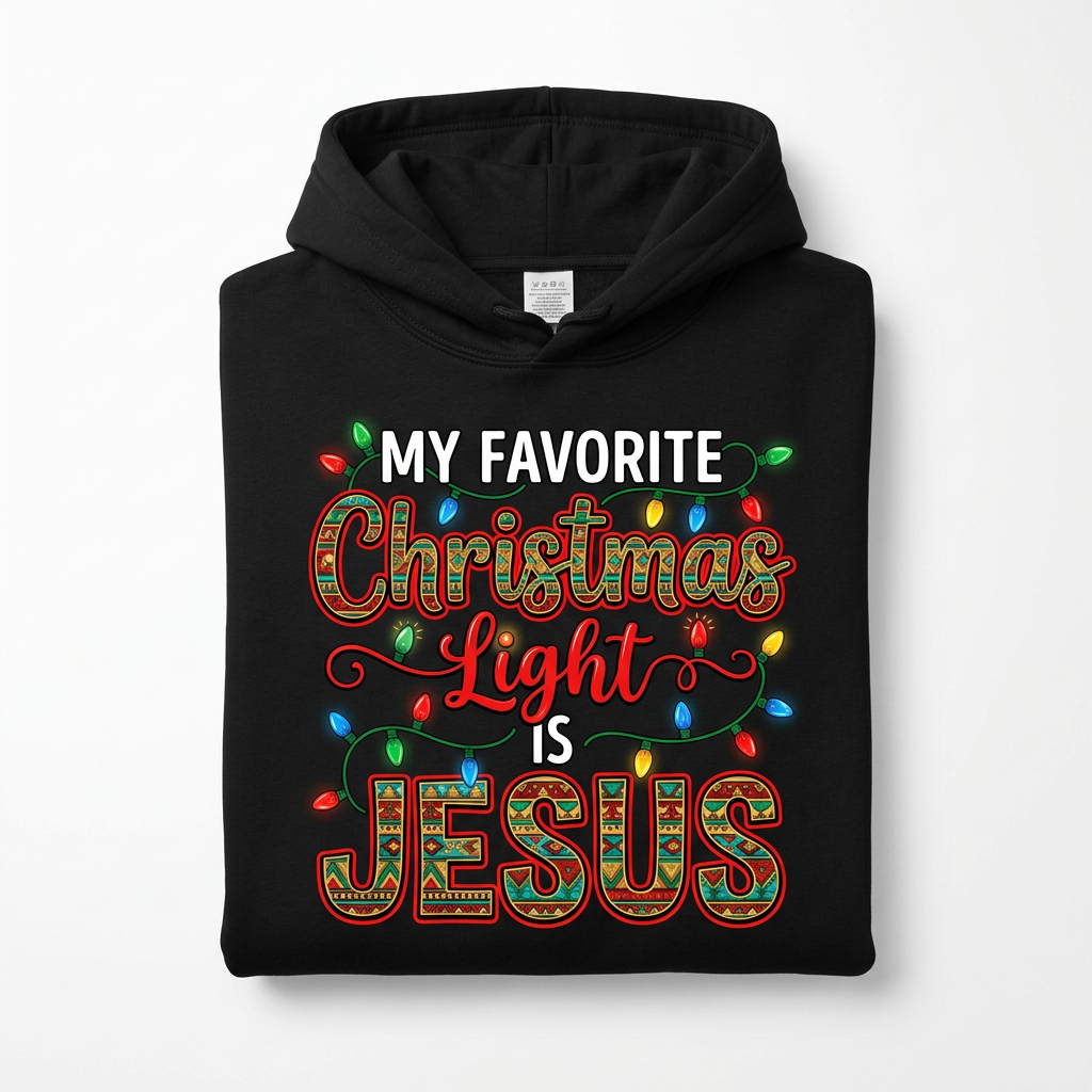 My Favorite Christmas Light is Jesus black hoodie flat lay