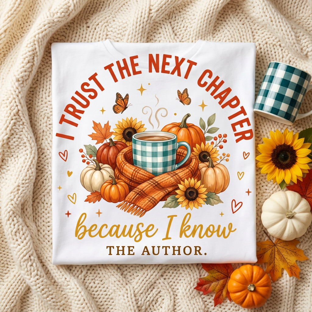 I Trust the Next Chapter Tee flat lay on cozy knit blanket with plaid mug
