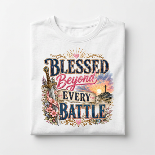 Blessed Beyond Every Battle folded flat lay