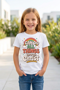 White girl wearing I Can Do All Things Through Christ children's tee