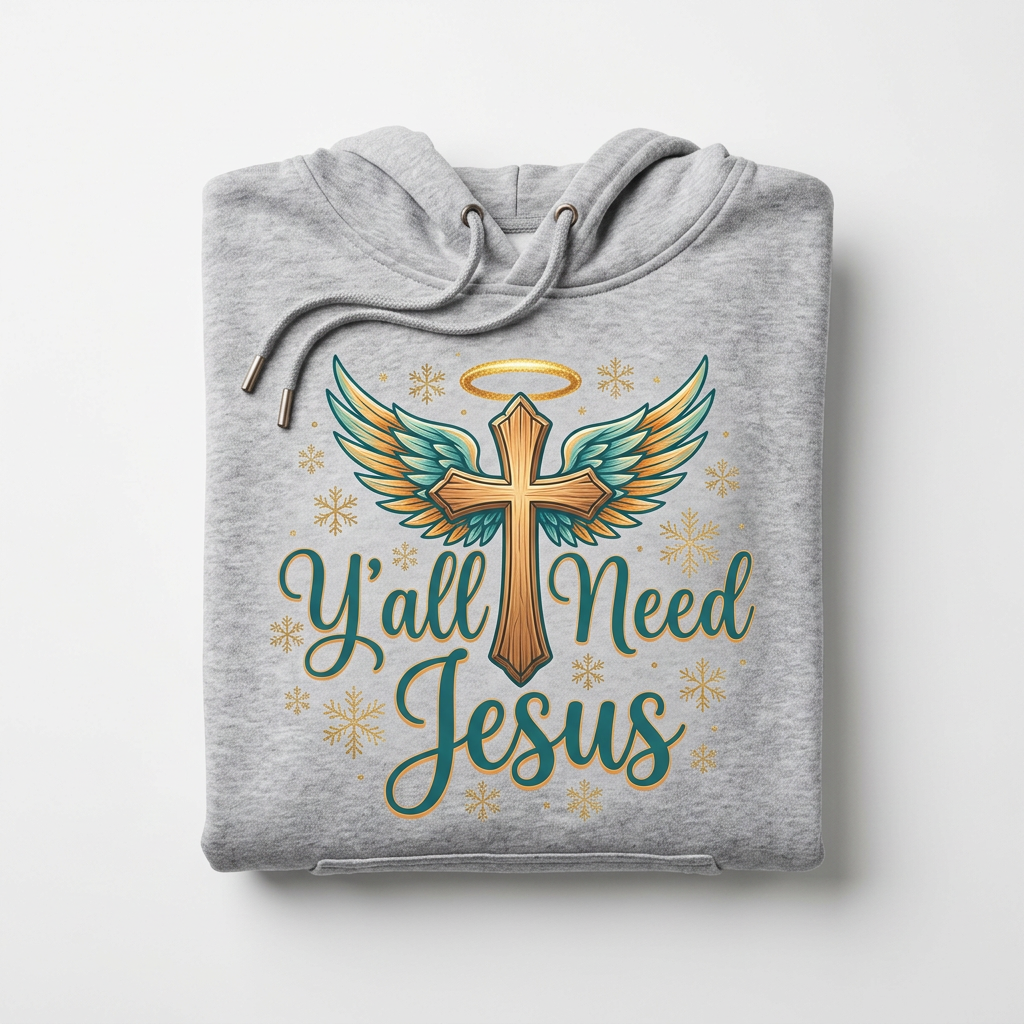 Y'all Need Jesus heather gray hoodie flat lay