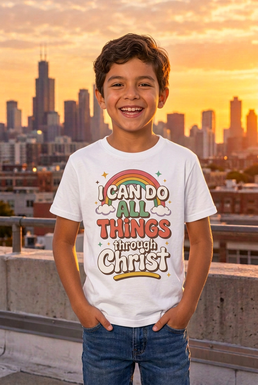 Mexican/Hispanic boy wearing I Can Do All Things Through Christ children's tee