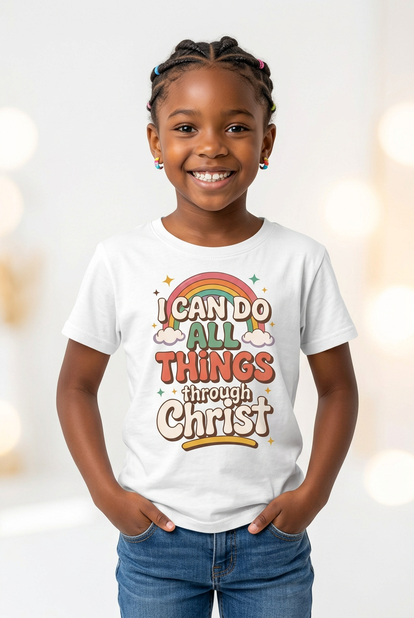 Black girl wearing I Can Do All Things Through Christ children's tee
